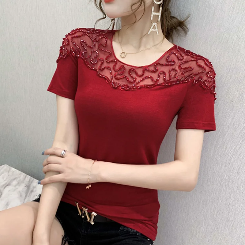 Женская футболка новинка 2020 женские топы с коротким рукавом ажурная Сексуальная