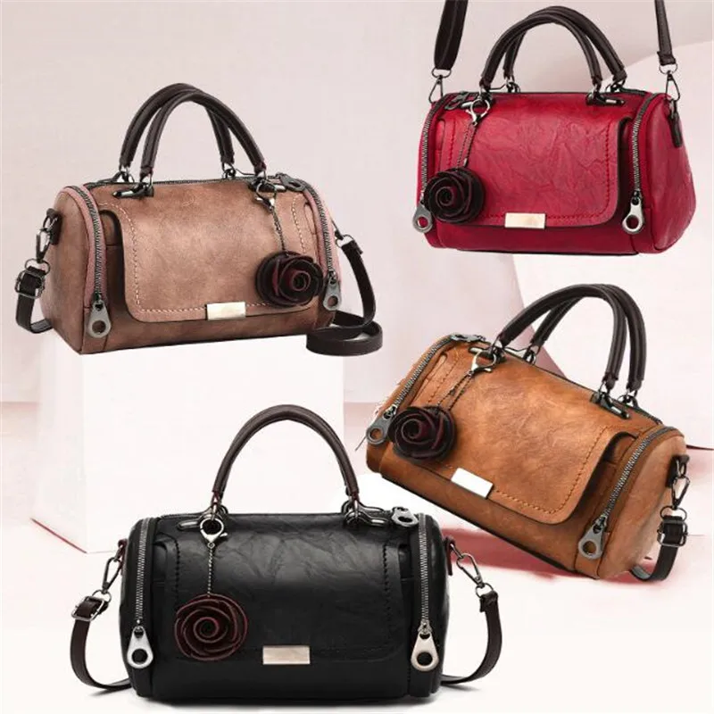 

2020 New Flowers Pendant Handbag Women's Fashion Boston Bags Single Shoulder Bag Ladies Crossbody Bag PU Messenger Bag