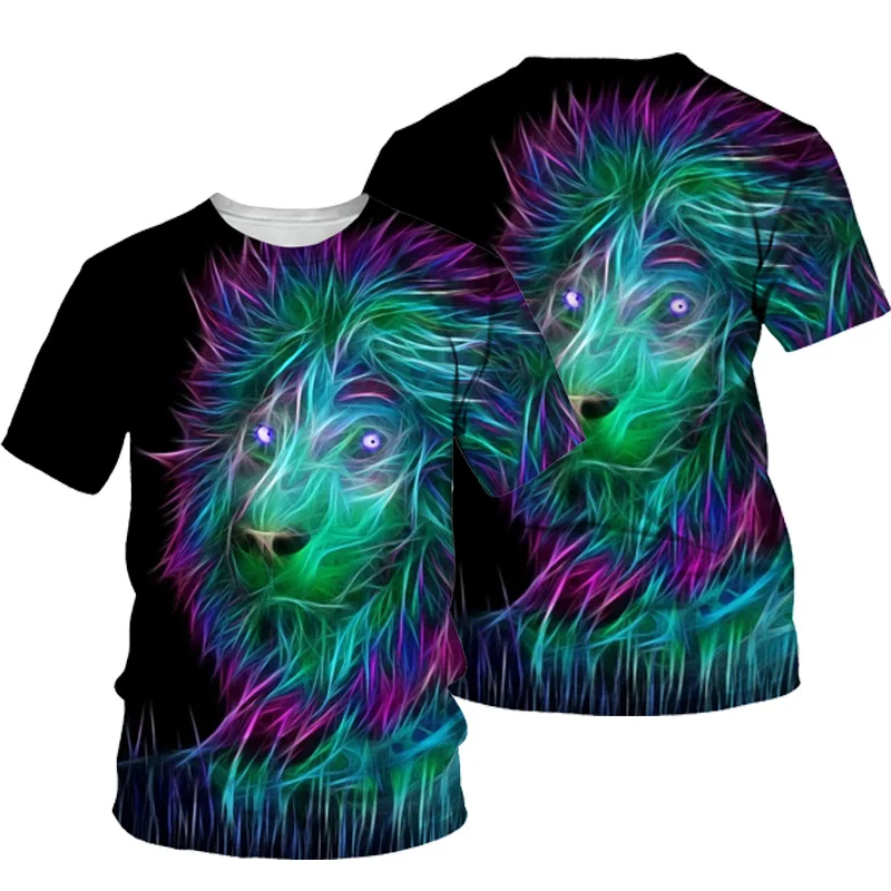 

3D Fluorescent Lion Print T-shirt Men 2021 Summer New O Neck Short Sleeve Tees Tops Fashion Style Male Clothes Casual T-shirts