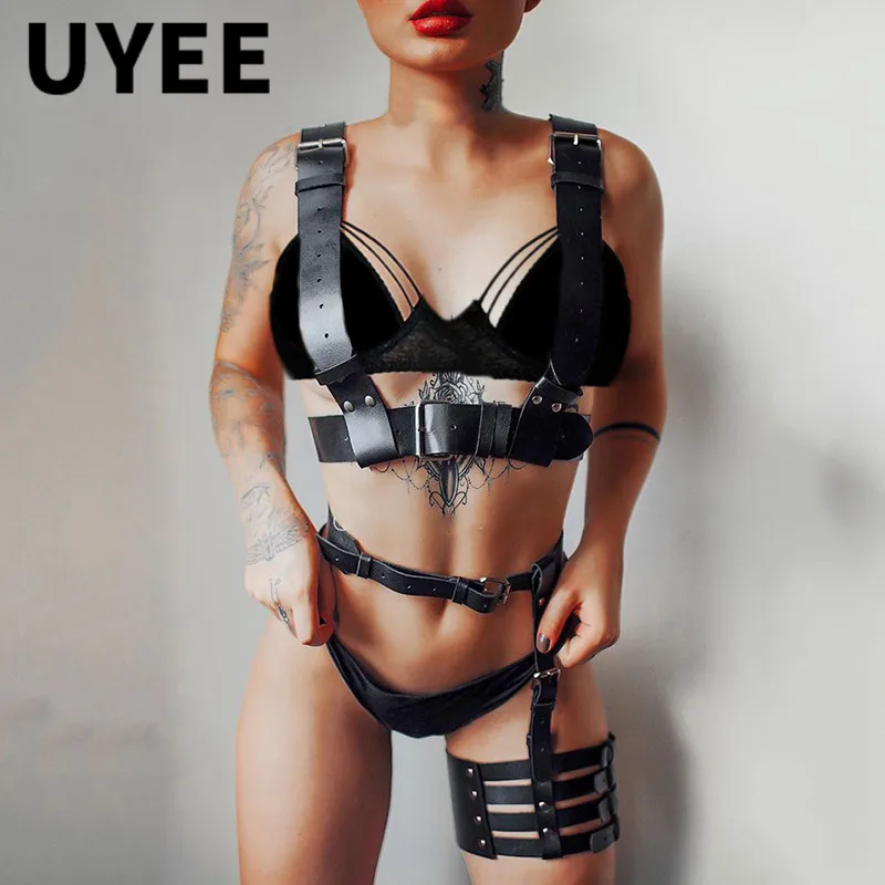 

UYEE Women Sexy Body Harness Bondage Garter Set Wide PU Leather Lingerie Belt Harajuku Gothic Clubwear Sword Belt Suspenders
