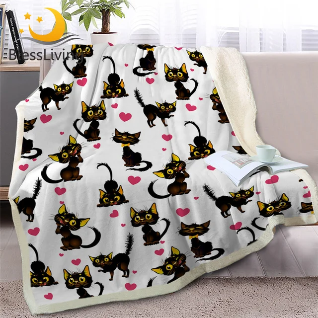 BlessLiving Black Cat Sherpa Blanket for Beds Lovely Animal Throw Blanket Kids Plush Bedspreads Heart White Cartoon Bedding 1