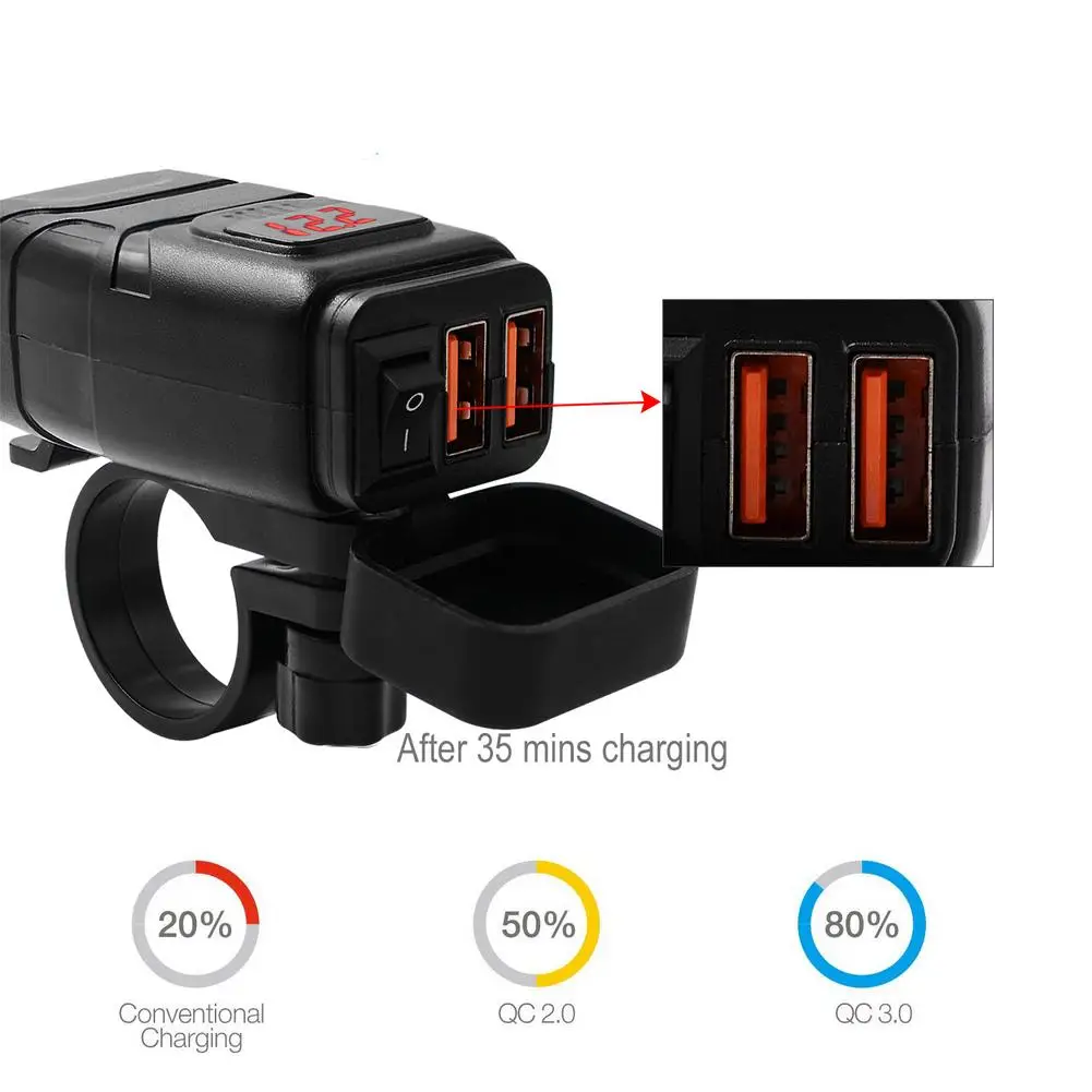 Водонепроницаемое зарядное устройство QC3.0 с двойным USB портом для мотоцикла 12 В