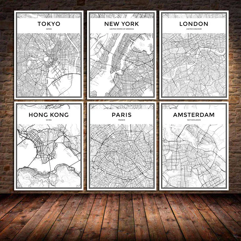 

World City Map Black and White New York Tokyo Paris Canvas Painting Posters and Prints Wall Art Picture for Living Room Bedroom