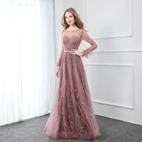 elegant dusty pink full sleeve feathers evening dresses long tulle crystals beaded aline formal women dubai gown