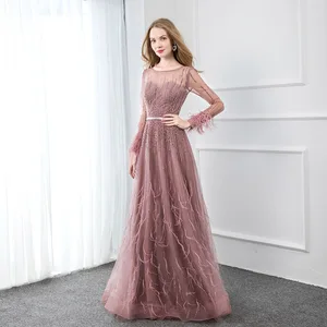 Элегантное пыльно-розовое вечернее платье с длинным рукавом и перьями, длинное Тюлевое Формальное женское платье из Дубаи
