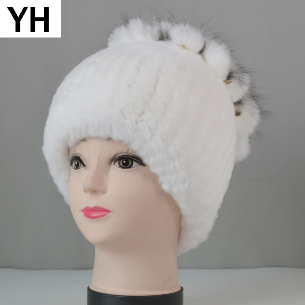 Открытый зимний теплый вязаный Настоящий мех кролика шапки бини Шапки Для женщин
