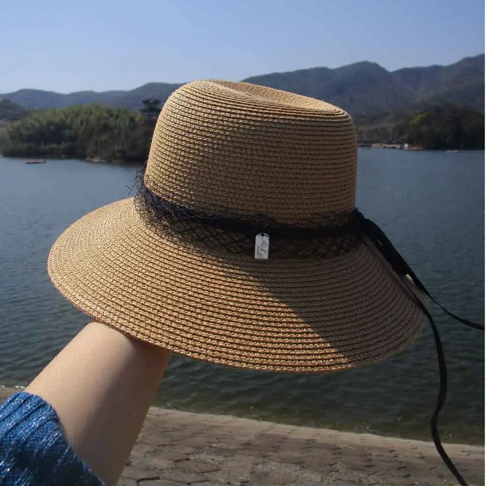 Женская летняя шляпа с широкими полями соломенная Черная кружевная пляжная