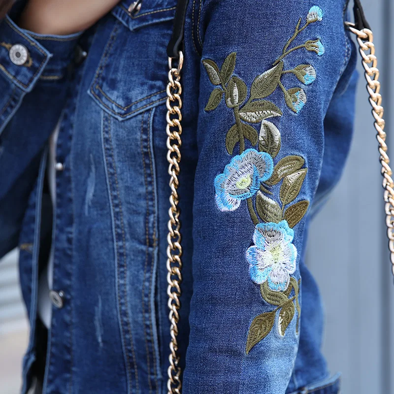 

Plus Size 2XL Floral Women Denim Coat Embroidery Short Basic Ladies Jean Jacket Slim Flower Outwear Jackets 2021 New