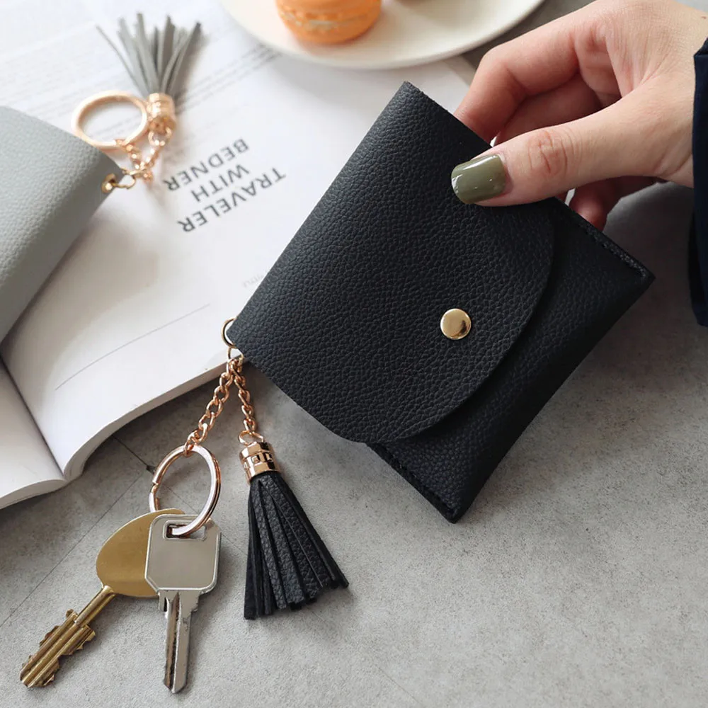 Кожаный мини кошелек с кисточками Женский держатель для карт кредитных чехол на