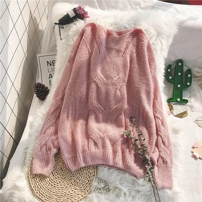 pink Genayooa Loose Autumn Knitting Sweater Pullovers Women Long Sleeve Ladies Sexy Jumpers Soft Hollow Out Sweater Woman Winter - Цвет: pink