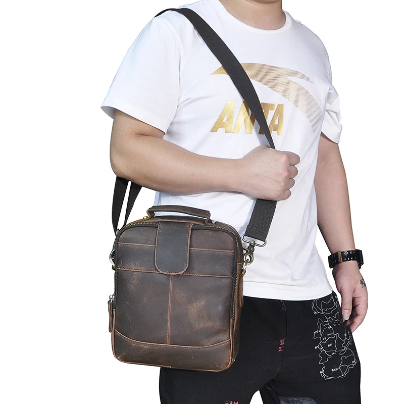 Crazy Horse Leather Male Antique Casual Design School Messenger Crossbody bag College Tote Satchel Tablet Book bag For Men 111-2