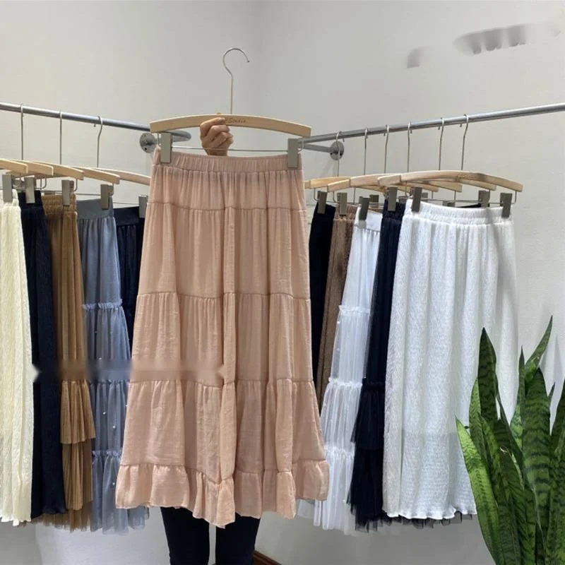 

Sweet A-line Solid Color Stitching Pink Long Skirt Fashion Casual Vintage Kawaii Elegant Harajuku High Waist Skirts Streetwear
