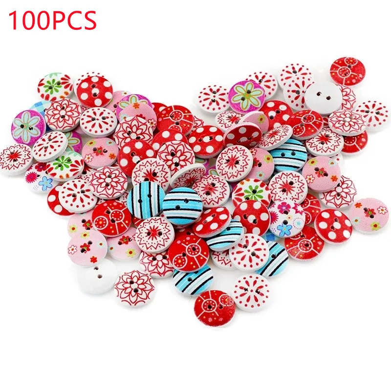 

2021 Hot Sale Colorful Mixed Print Round Pattern Wood Buttons 2 Holes Scrapbooking Sewing DIY Accessories Wholesale