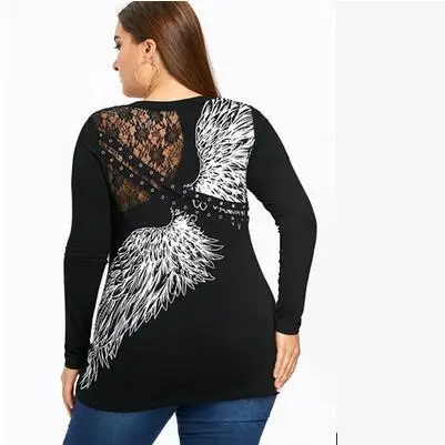 Plus Size Tie Up Wings Print Lace Panel Top Tshirt Women 2020 Autumn Tops Sexy Loose Long Sleeve Large 5XL WF612 | Женская одежда