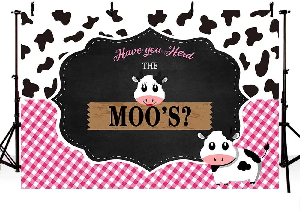Cow Baby Shower Party Photo Studio Booth Background Props Herd Moo's Farm Barnyard Bash Baby Girl Birthday Pink Gingham Banner enlarge