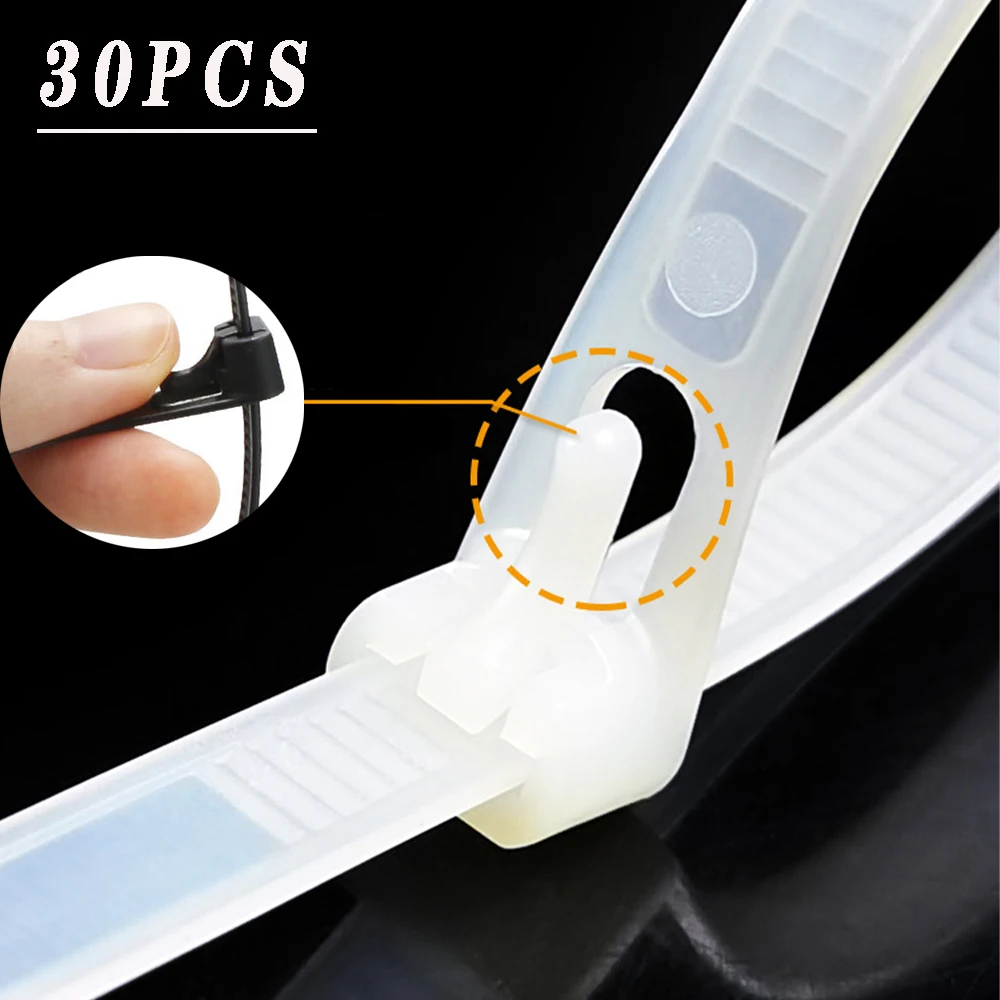 30PCS retractable nylon cable tie, reusable self-locking plastic fixed white nylon cable tie, packaging plastic zipper cable tie