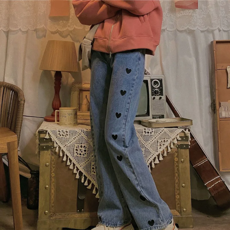 

Women Jeans 2021 Spring Heart Embroidery Streetwear High Waist Wide Leg Long Pants Vintage Casual Baggy Straight Denim Trouser