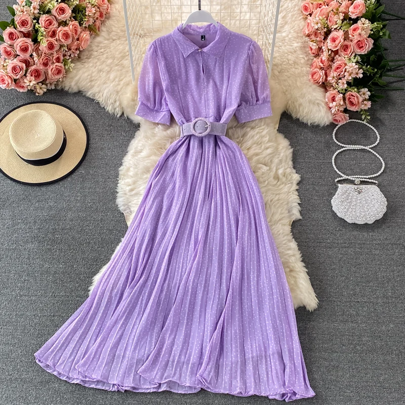 

Summer Elegant Women's Purple Polka Dot Dress 2021 Vintage Lapel Pleated Mixi Dress With Belt Short Sleeve Robe Female Vestidos