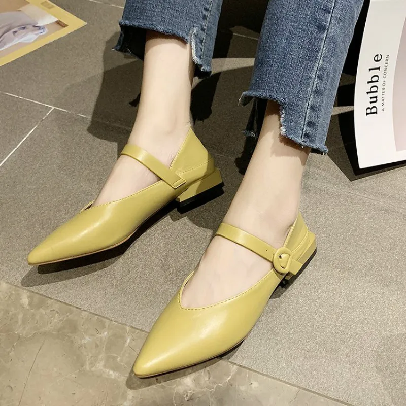 

Ladies Shoe 2021 Summer New Pointed Toe Thick Heel Genuine Leather Shallow Brand Women Shoes Buckle Strap Solid Single Shoes