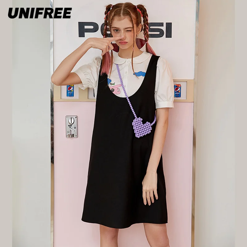 

UNIFREE Vintage Dress Korean Short Sleeve Elegant Mini Dresses Women Casual Gothic Black Dress Summer 2021 Kawaii