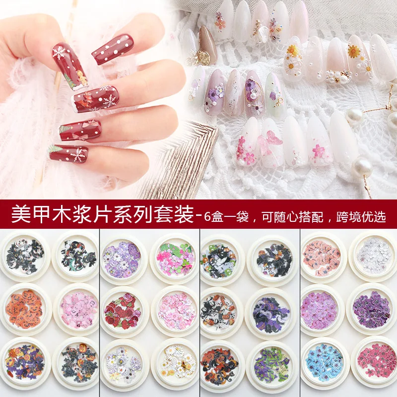 

6 Box/set butterfly Halloween Nail Art Wood Pulp Chips Mixed Simulation Flowers Grass Ultra-thin stickers DIY Fingernail Decorat