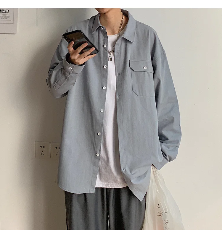 

Spring Autumn Men Shirt Long Sleeve Korean Fashion 100% Cotton Solid Colors Trend Streetwear Oversize Loose Harajuku Shirts 5XL