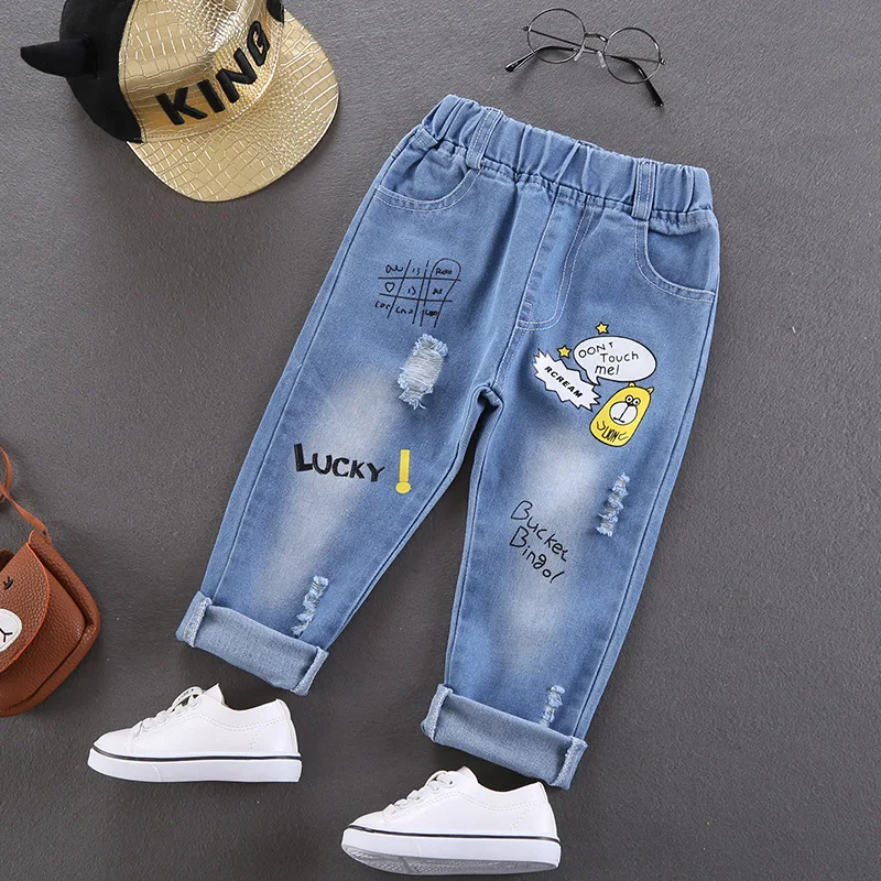 

2021 Fashion Cartoon Jeans for Girls Teenage Children Jeans Elastic Waist Denim Pants Kids Trousers for Girls Kids Clothes