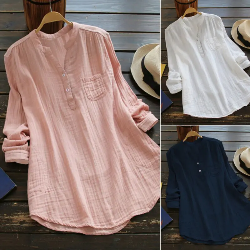 

Long Sleeve Women V Neck Blouse Casual Loose Comfy Baggy Tunic Button Top Shirt