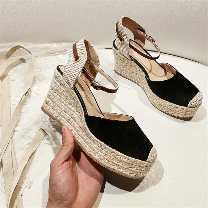 

Women's natural suede leather wedge platform med heel sandals round toe hemp summer ankle strap casual shoes bohemia style shoes