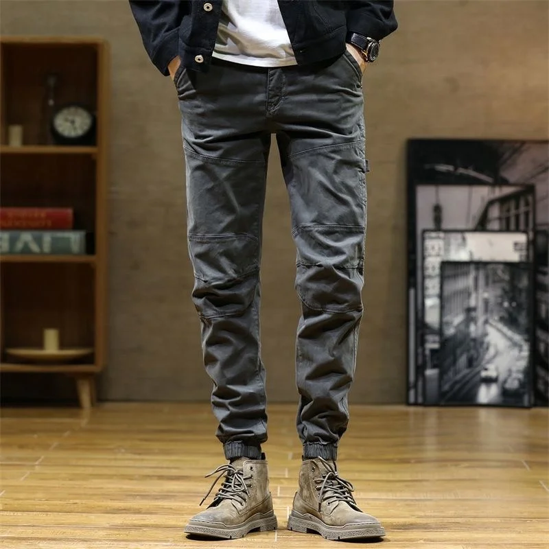 

American autumn wash used and versatile men's simple solid color elastic small foot overalls