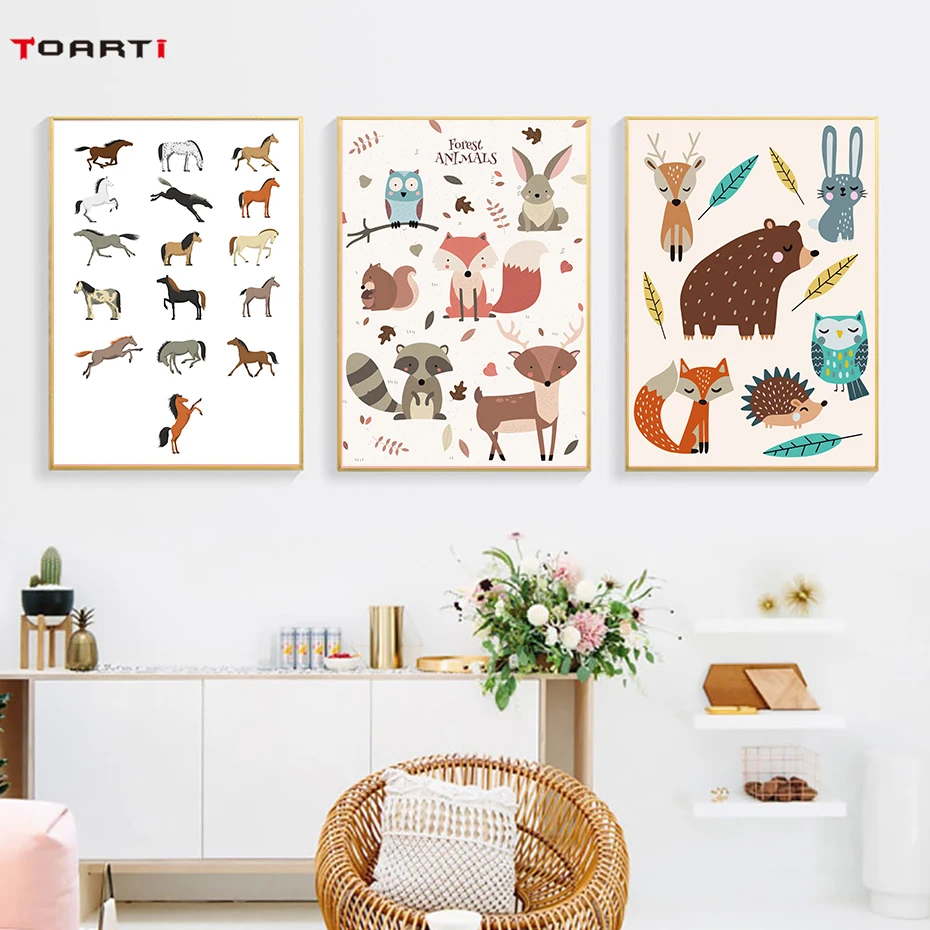 Деревянные животные принты плакаты лиса кролики рисунок оленя на холсте для