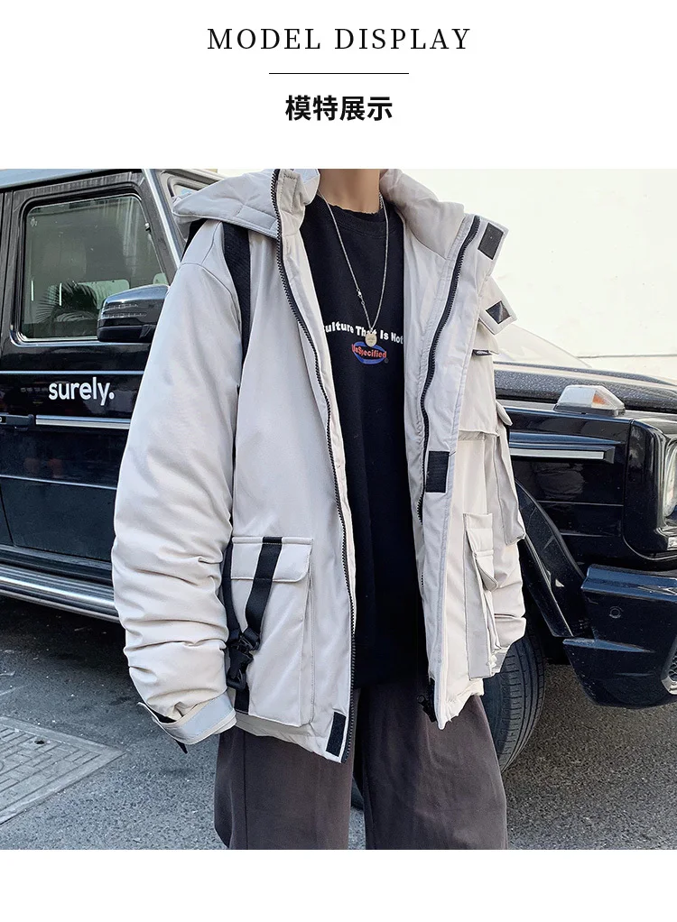 Winter Short Coat Men Warm Thick Parka Men Fashion Reflective Strip Hooded Coat Man Streetwear Loose Tooling Jacket Male Clothes