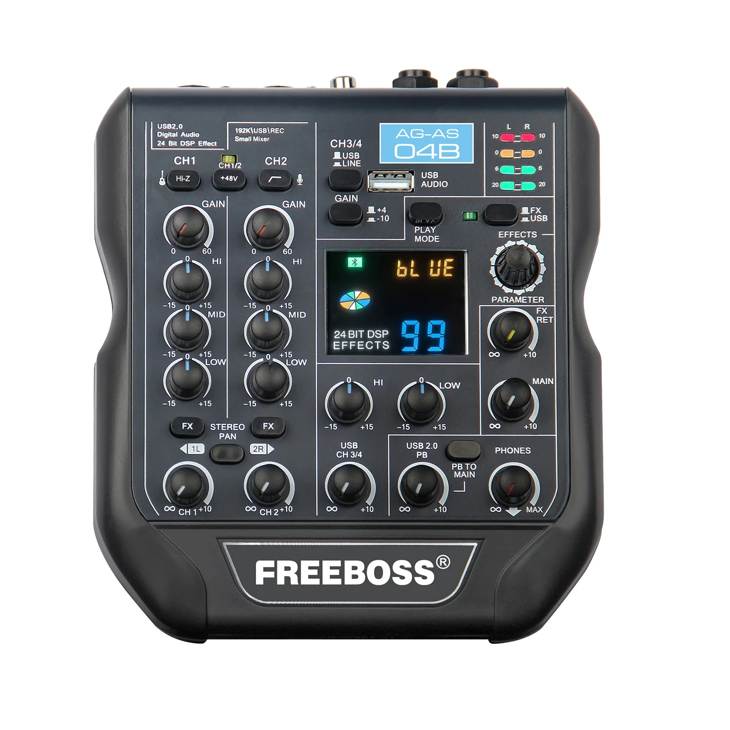

Freeboss AG-AS04B 24Bit 99DSP Effects 192KHz Sampling Frequency Bluetooth Mini Audio Mixer with USB Record and 48V Phantom Power