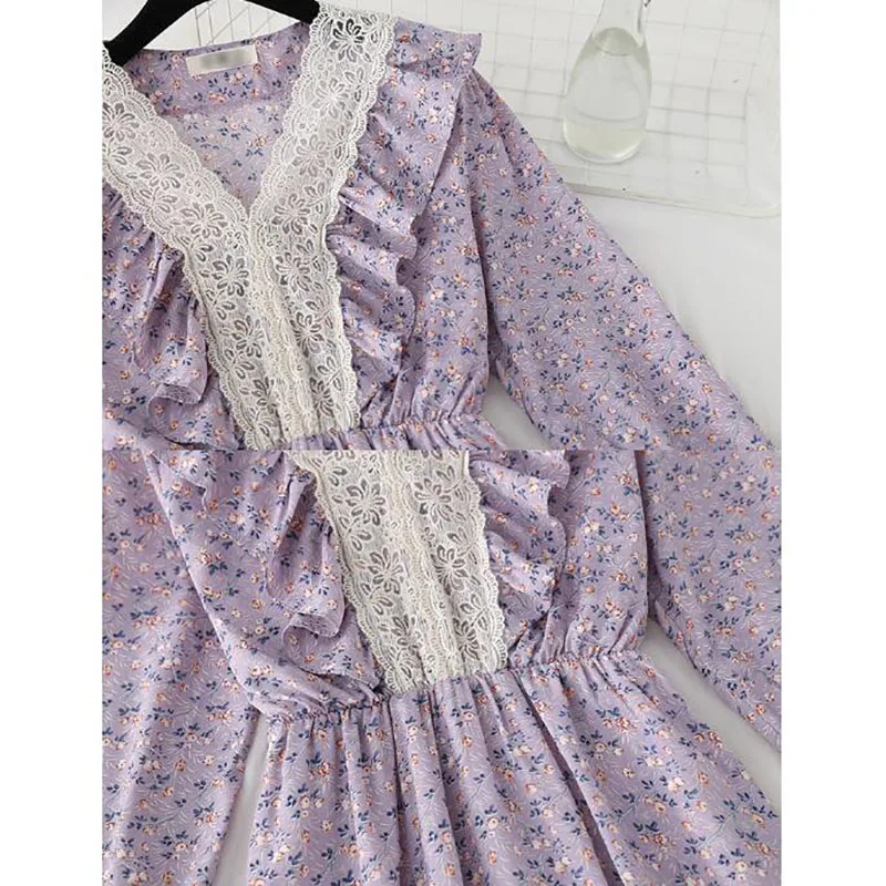 

Elegant V-neck Chiffon Midi Dress Women Lace Stitching Slim Floral Dress Party Vestidos Spring Summer A-line Dresses 2021