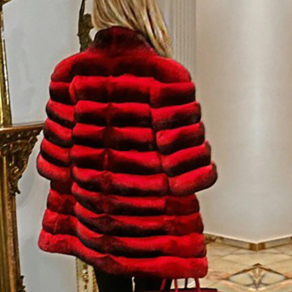 Fashion Red Real Rex Rabbit Fur Coat Medium Length Stand Collar Natural Women Genuine Rex Rabbit Fur Coats Outwear Luxury Woman