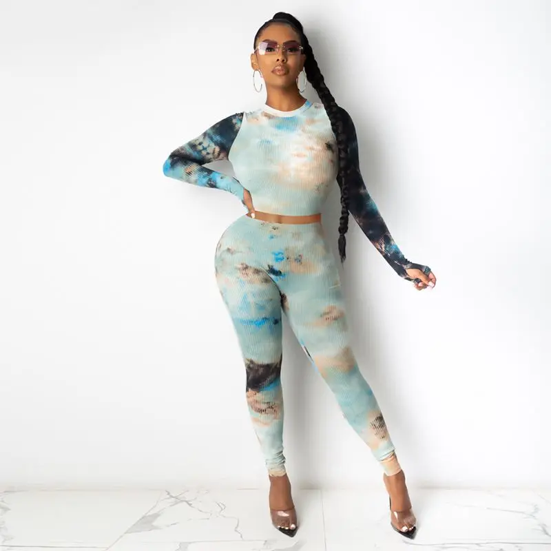 

ZKYZWX Fall Rib Tie Dye Print Full Sleeve Skinny Elastic Two Piece Set for Women Sweatsuit Sexy Joggers Fitness Matching Sets