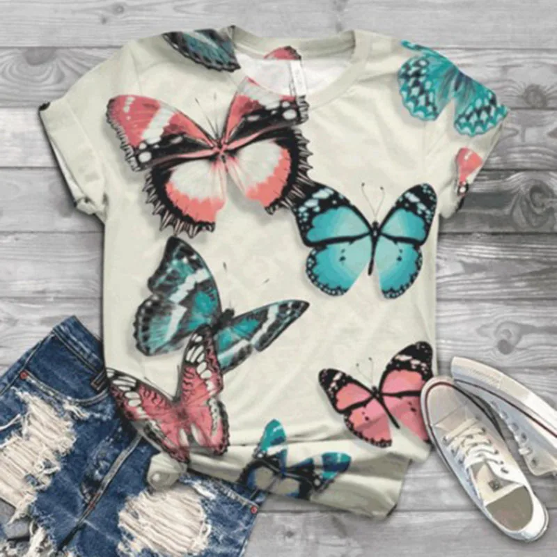 

Women Short Sleeve 3D Butterfly Animal Print T Shirt New Summer Casual Loose Cute Dog Tshirts Fashion Female Tees Top Plus Size