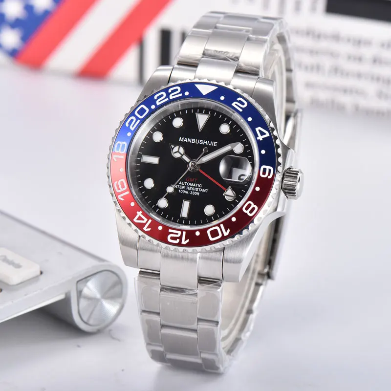 GMT мужские часы 40 мм синий и красный вращающийся ободок autoimatic водонепроницаемые