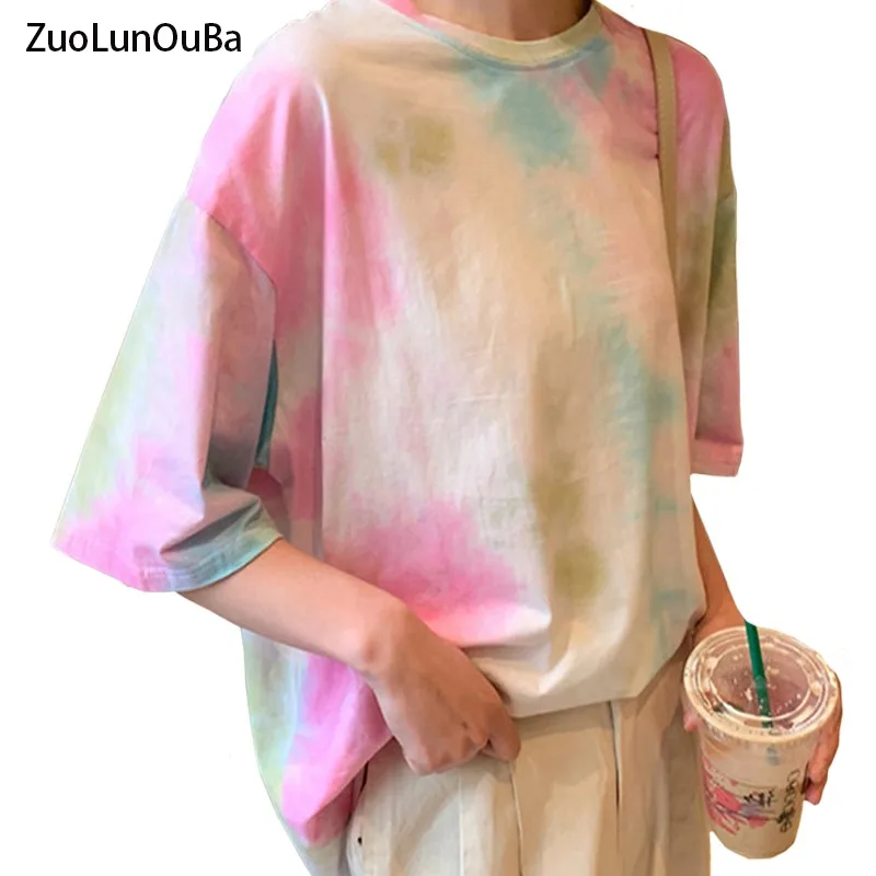 

ZuoLunOuBa 2021 Summer Casual Sweet Women T Shirt Tie-dye Harajuku Girl Student Wild Pink Short Sleeve Tees Tops Female