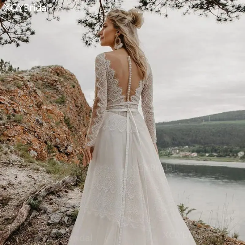 

New Arrival Sexy Wedding Dress V Neck Bohemia Wedding Gowns Long Sleeves Lace Beach Bridal Dress Illusion Back Vestidos Festa