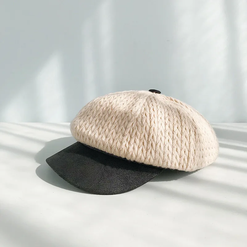 off white VISROVER Мода 5 цветов вязаный клетчатый козырек шляпа осень и зима винтажная шерсть лоскутное берет для женщин английская краска - Цвет: off white