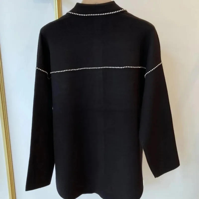 

Black Women Knit Cardigans Turn-down Collar Single Breasted Loose Autumn Winter Female Knit Sweater Coat with Rhinestone