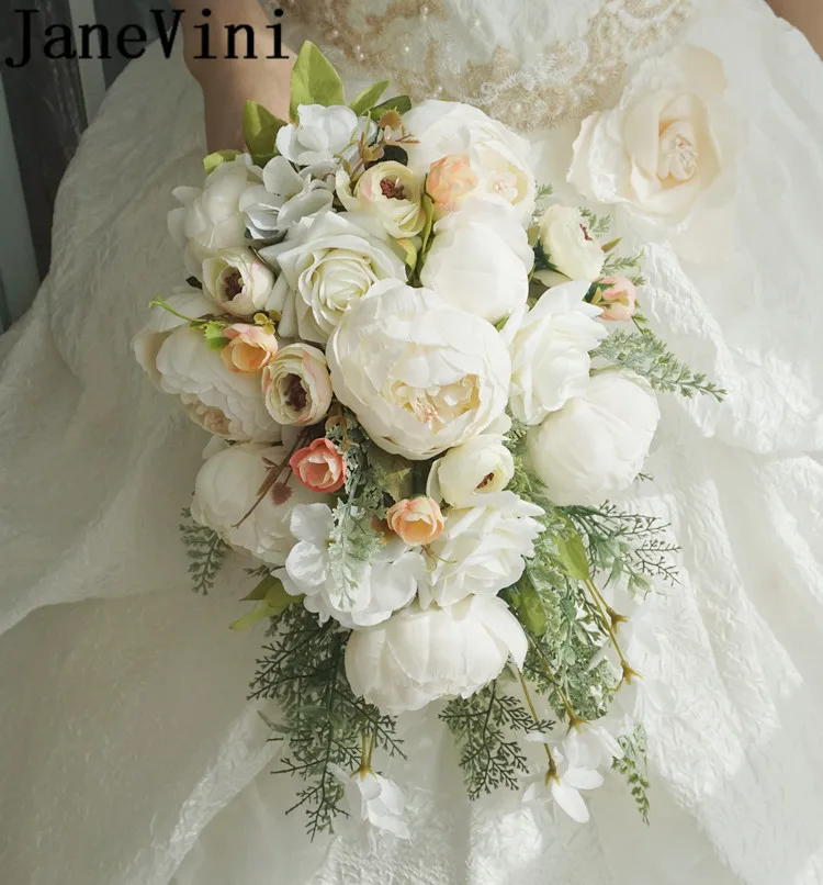 Букет из искусственных пионов JaneVini белый водопад ручная работа|Свадебные букеты|