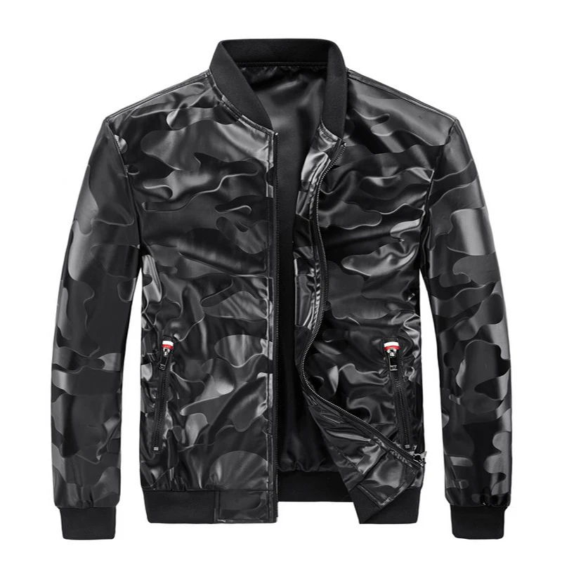 

New Fashion Camouflage Leather Jacket Men Baseball Collar Jacket Slim Fit Mens Leather Jackets Coats chaqueta cuero hombre