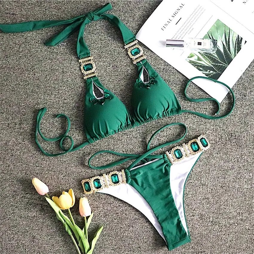 

Sexy Crystal Diamond Bikini Female Halter Bandeau Swimsuit Women Brazilian Swimwear Two piece Bikini set Thong Bathing Suit