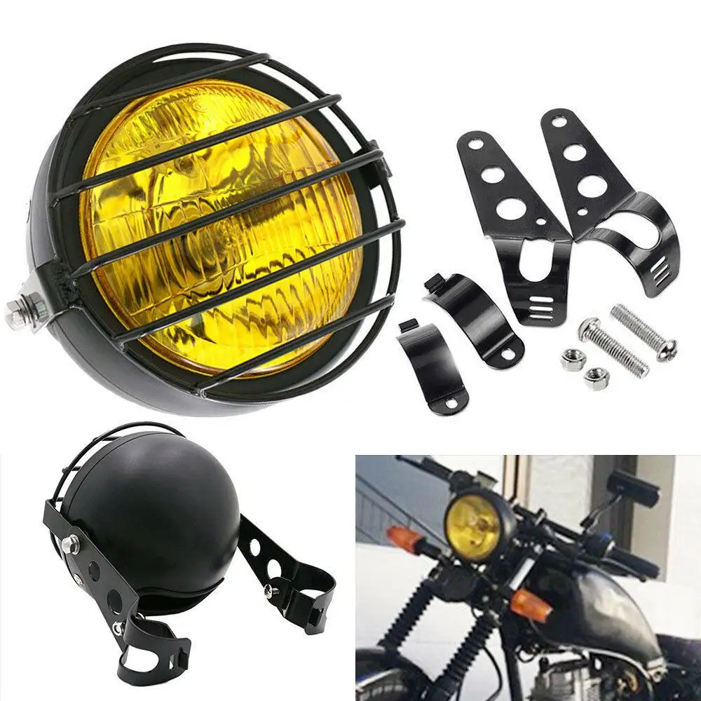 5 inch Retro Motorcycle Headlight Grill Side Mount Cover with Bracket Motorbike Assembly Amber Headlamp Mounting Screws