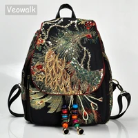 veowalk peacock sequins embroidered womens canvas backpacks ladies floral rucksacks woman small school back bag bagpack