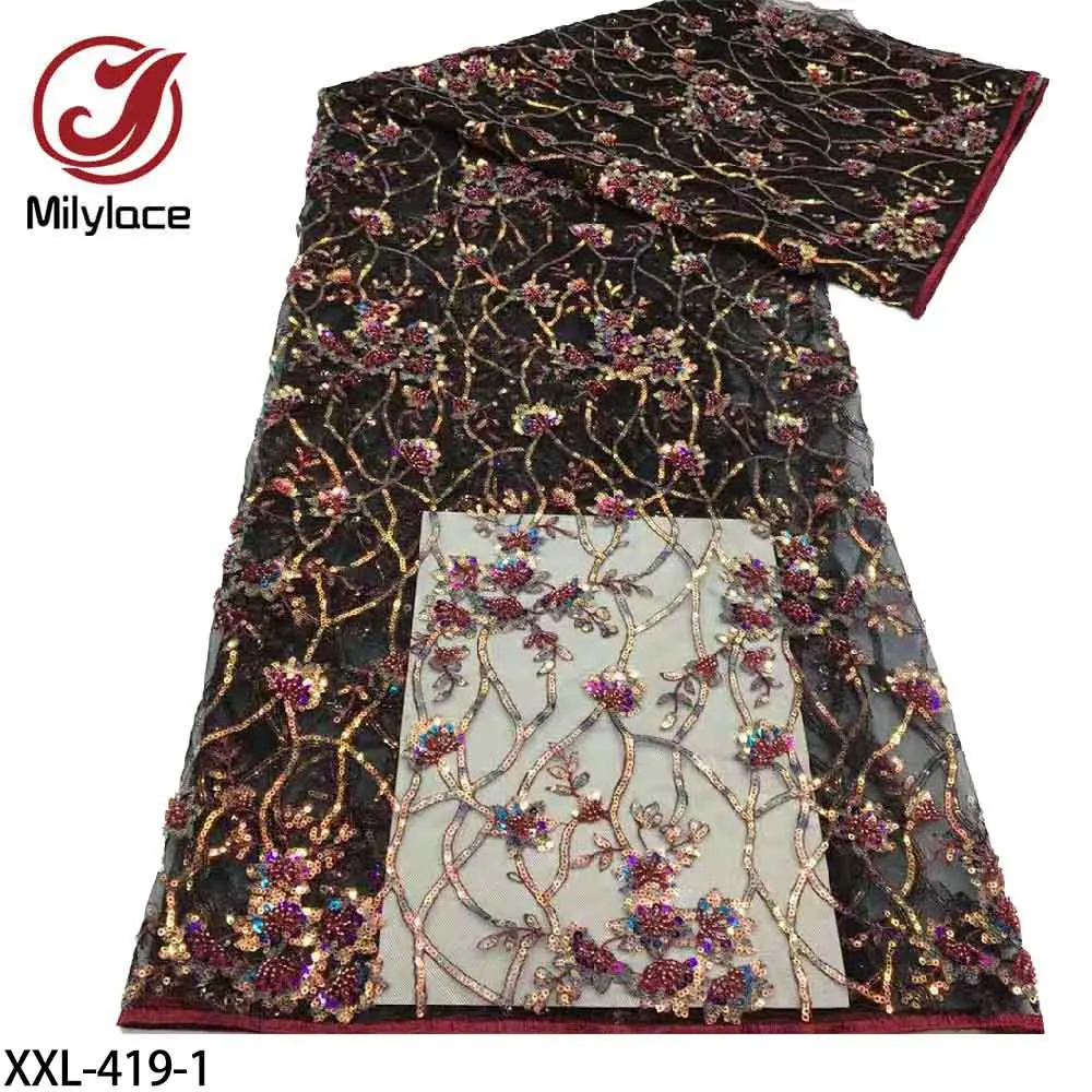 

African Lace Fabric Tulle Lace Fabric Embroidery Tube Beads Lace Fabric with Sequins for Wedding Dress XXL-419