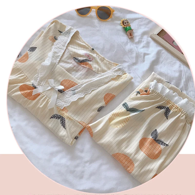 

Yidanna Women Pajamas Set Polyester Nightwear Long Sleeved Sleepwear Spring and Autumn Bow Sleep Clothing Lace Nightdress Suit