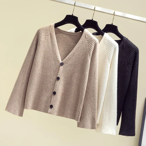 Вязаный кардиган осень длинный рукав v-образный вырез свитера женский корейский